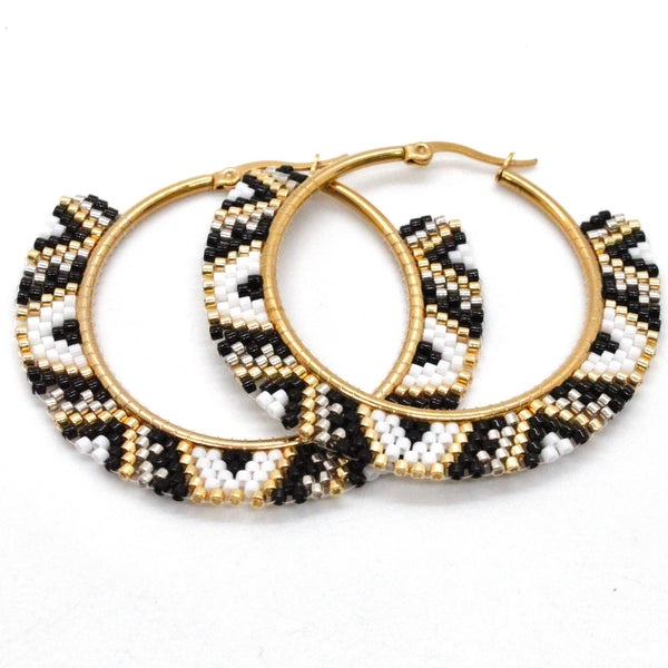 Black and White Miyuki Seed Bead Hoop Earrings - Fire Inside Me - 