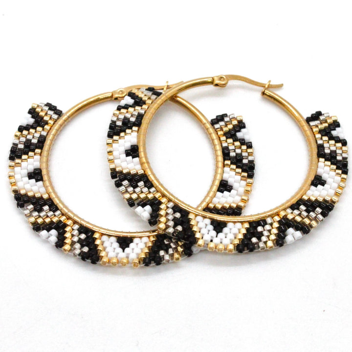 Black and White Miyuki Seed Bead Hoop Earrings - Fire Inside Me - 