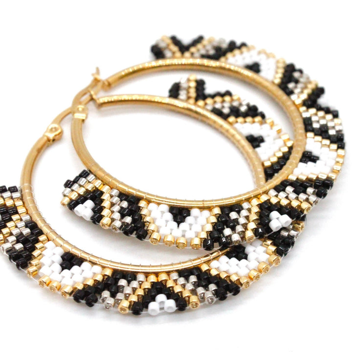 Black and White Miyuki Seed Bead Hoop Earrings - Fire Inside Me - 