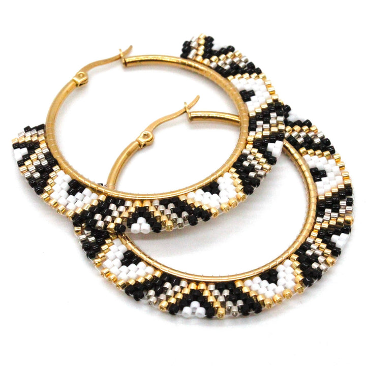 Black and White Miyuki Seed Bead Hoop Earrings - Fire Inside Me - 