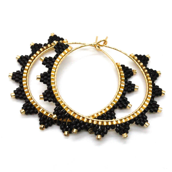 Black Japanese Seed Bead Hoop Earrings - Fire Inside Me - 