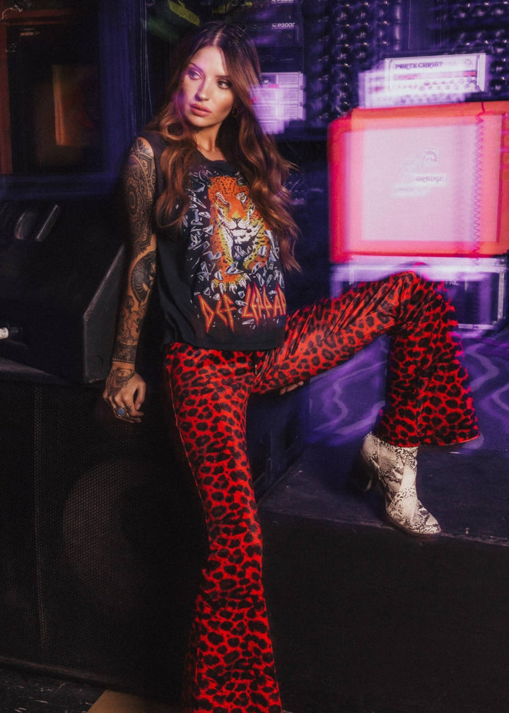 Cheetah Leopard Print Velvet Bell Bottoms Palazzo Flare Pant - Fire Inside Me - 