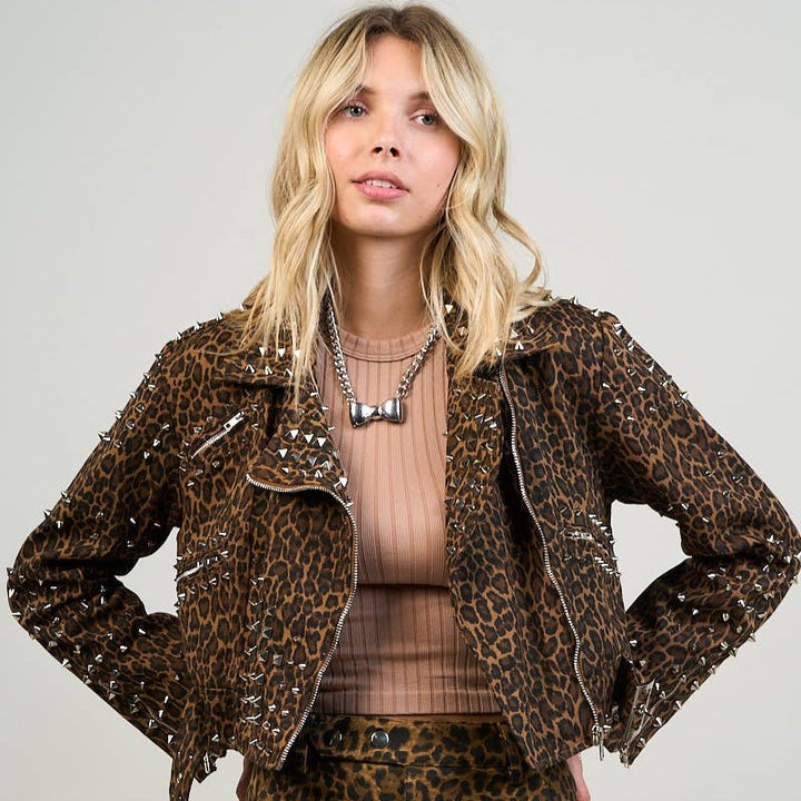 Leopard Print Studded Motorcycle Denim Jacket - Fire Inside Me - 