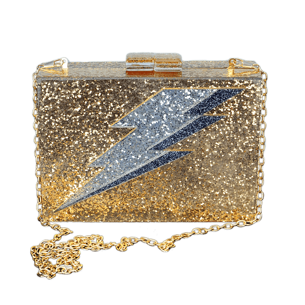 Lightning Bolt Acrylic Cyndi Clutch in Gold Glitter - Fire Inside Me - 