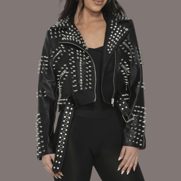 Studded Vegan Leather Motorcycle Jacket - Fire Inside Me - 